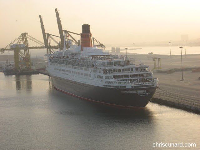 Queen Elizabeth 2 sits alongside the pier in Port Rashid Dubai